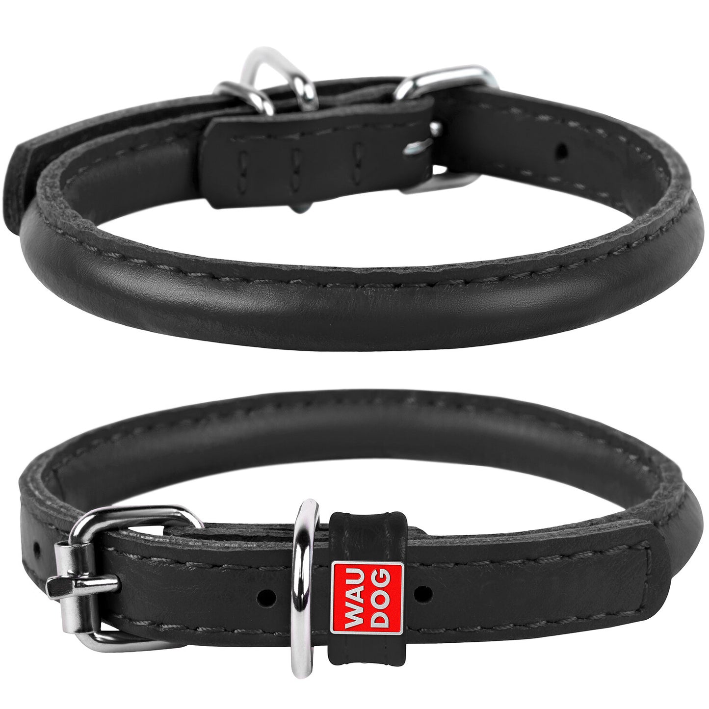 Waudog Leather Round Dog Collar 25-33CM BLACK
