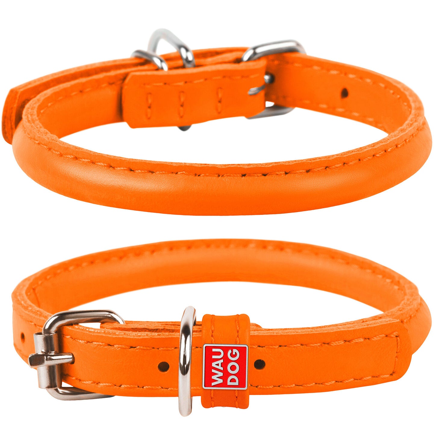 Waudog Leather Round Dog Collar 45-53CM ORANGE