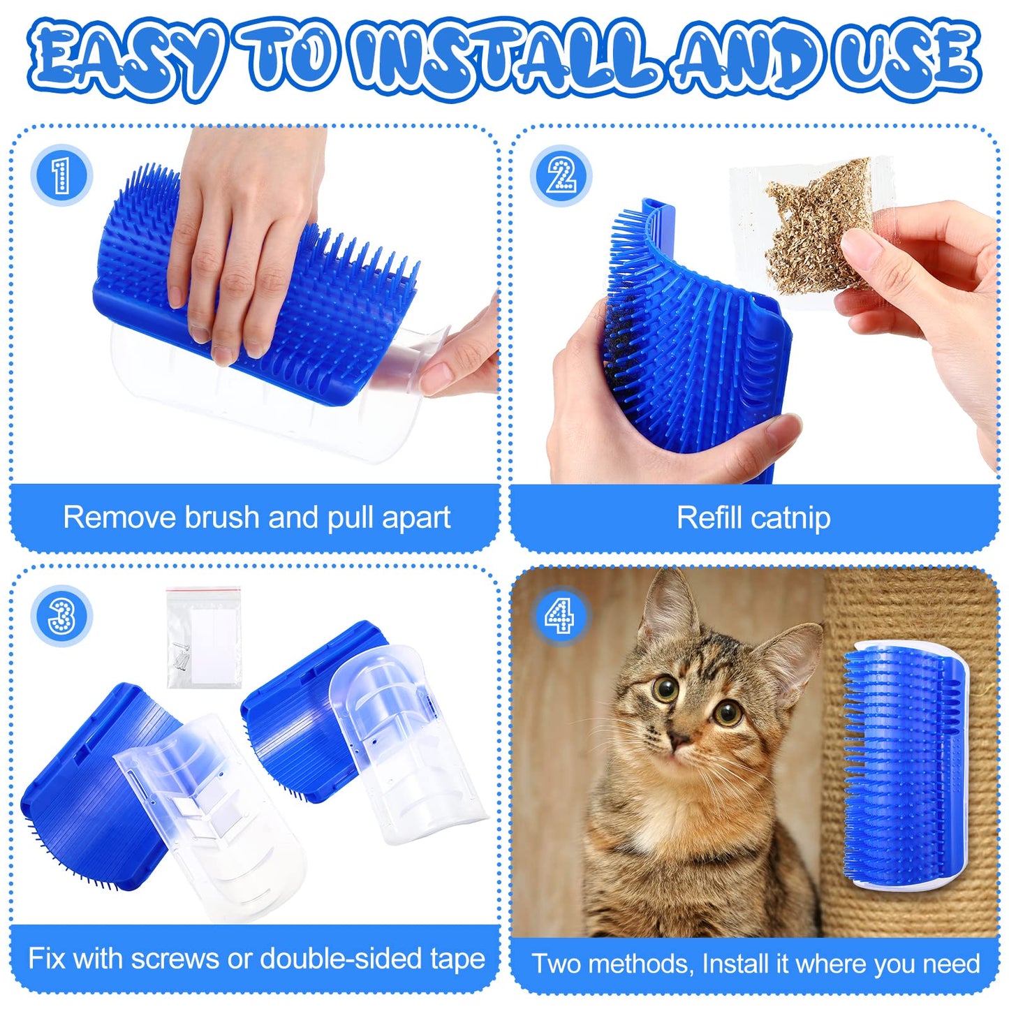 Cat Self Groomer Catnip  Dog Cat Toy Corner Groomer Wall Corner Scratcher Comb Grooming Massage Brush Blue