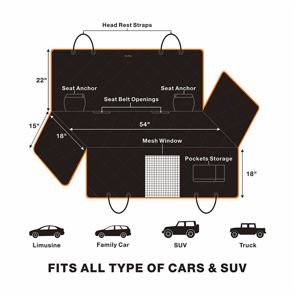 iBuddy Dog Seat Cover Car Hammock w/ Mesh Window & Dog Seat Belt